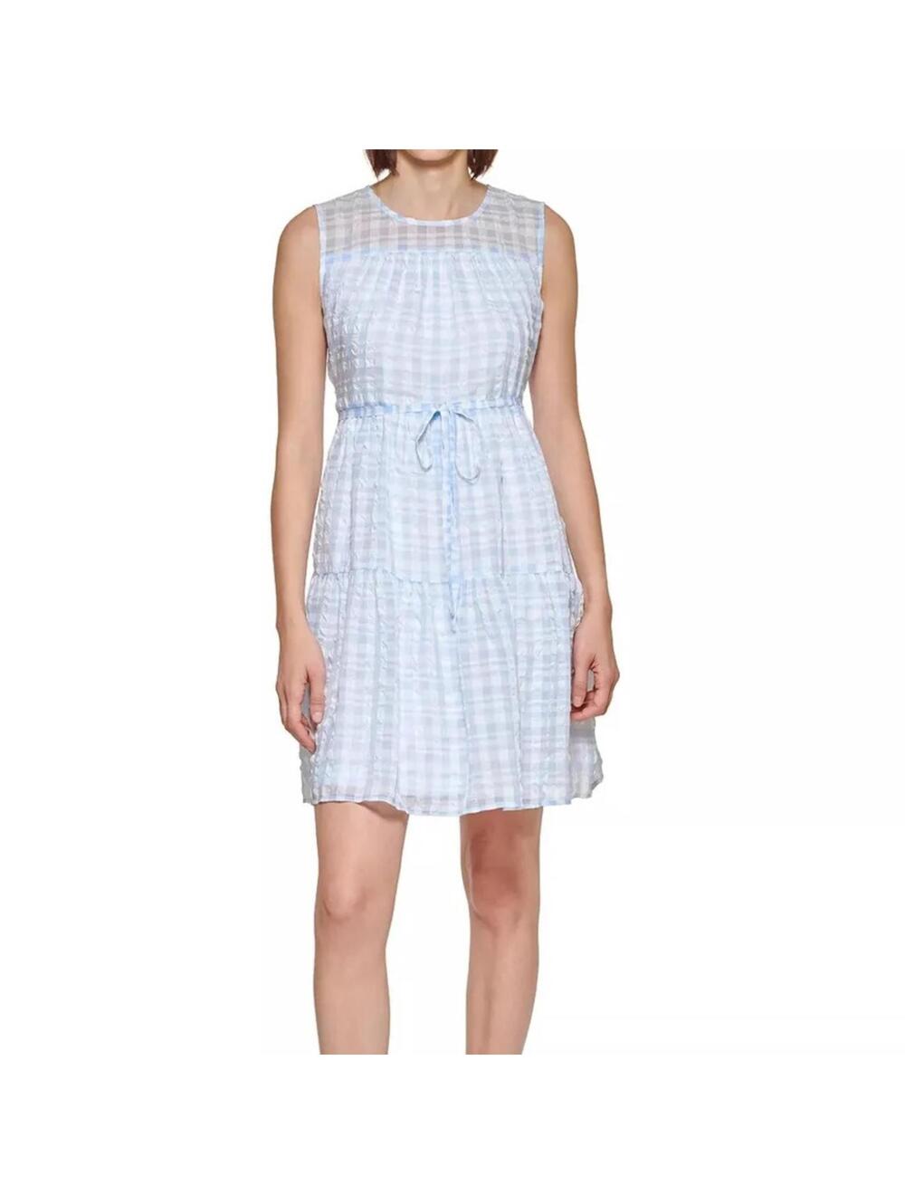 Calvin Klein Blue White Plaid Seersucker Sleeveless Short Mini Dress Size Small - Picture 2 of 7